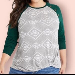 Maurices  front  knot long sleeves Gray And Green sweater top